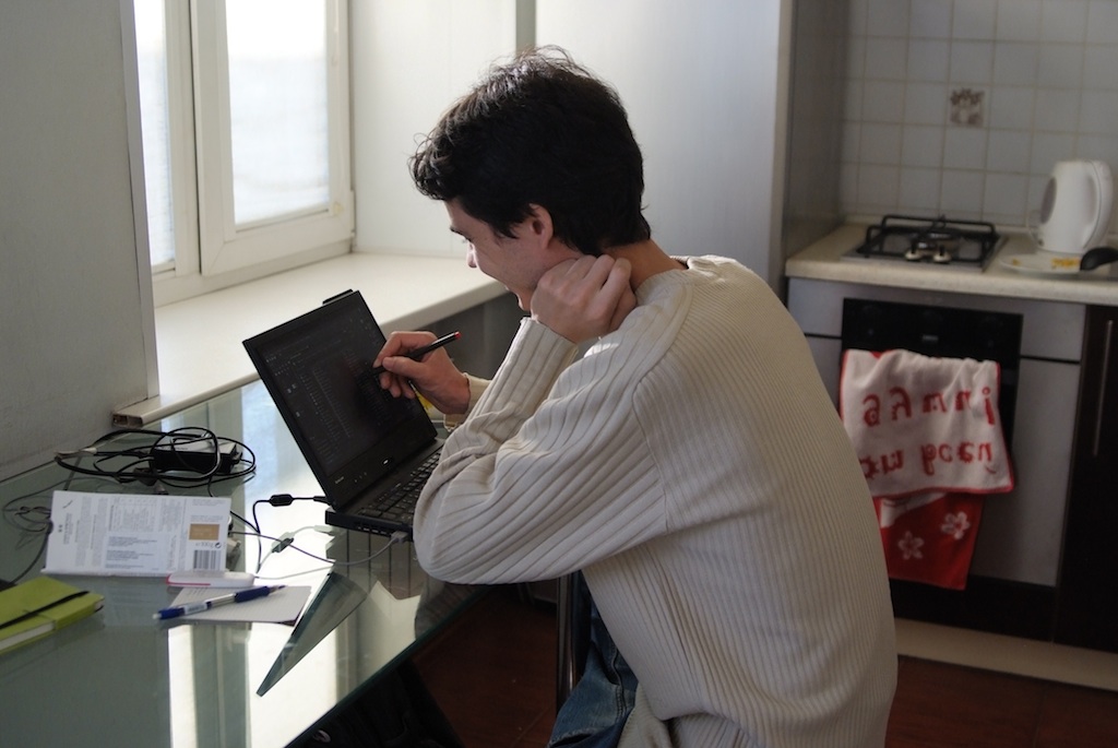 Konstantin and his Lenovo tablet during the stay in Novosibirsk