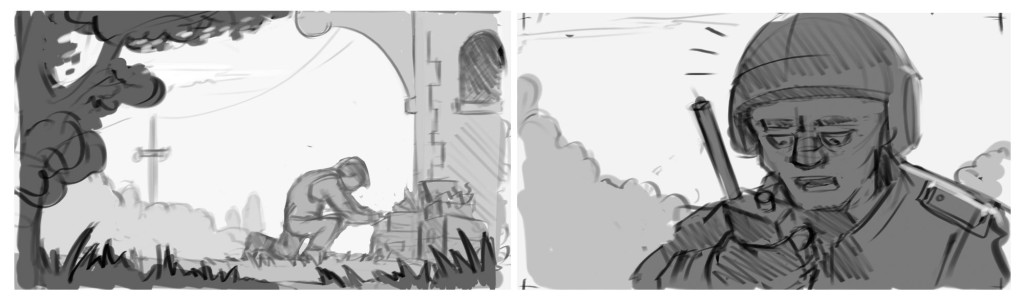 Detailed storyboard drafts by Nikolai Mamashev