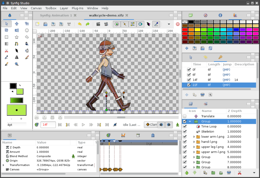 Synfig Studio 1.0 RC4. Sample character by Nikolai Mamashev.