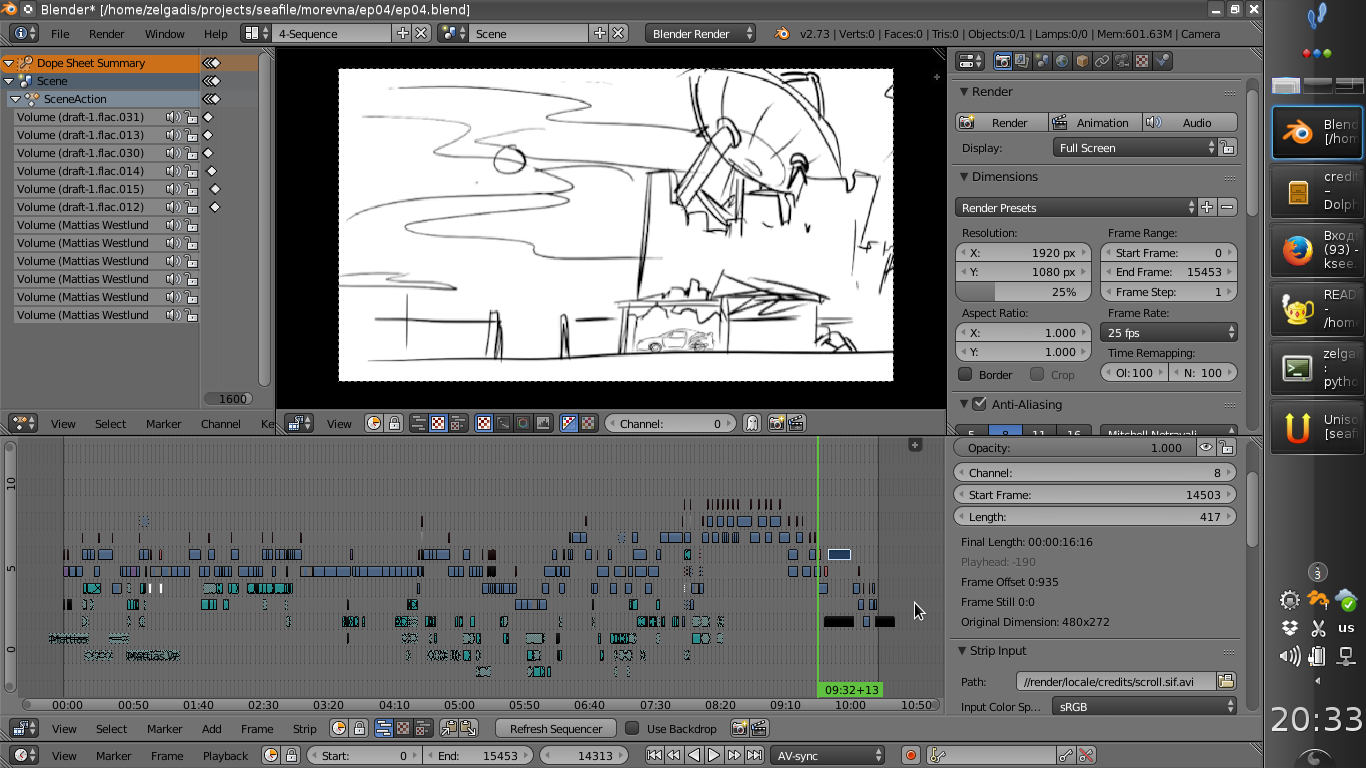 Animatic video sequence composed together in Blender